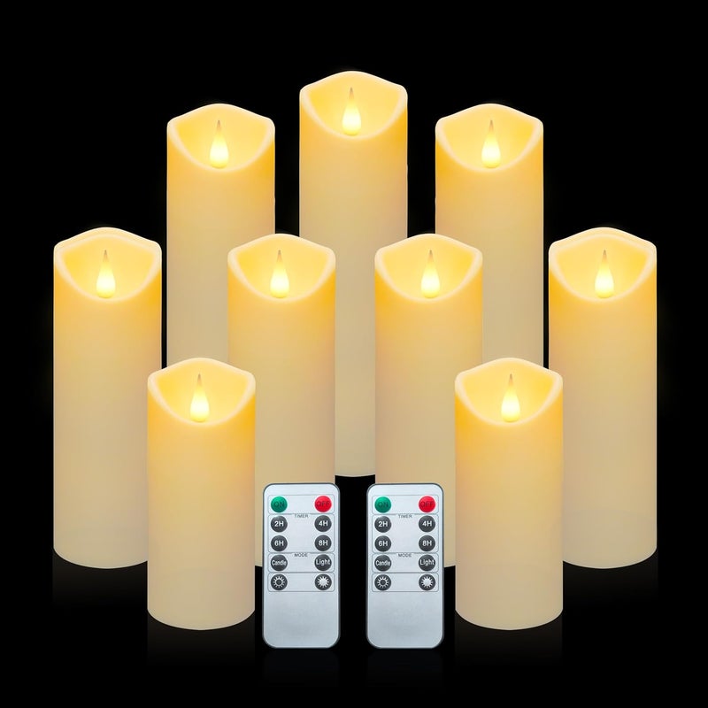 Aignis 9pcs Flameless LED Candles Battery Operated with 10-Key Remote & Timer, Indoor Heat Resistant, 3D Wick with Warm Flickering Glow for Cozy Home/Wedding/Holiday Décor (D 2.2" x H 5"/6"/7") - Image 1